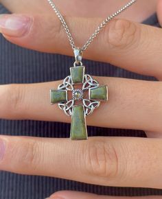 A true piece of Ireland. This is a lovely Celtic cross necklace is made with sterling silver, connemara marble and marcasite stones. A lovely combination! At the centre of the cross pendant is the marcasite and Connemara marble panels are set around it to make this Celtic cross one of a kind.  This beautiful stone originates from ancient quarries to be found in the area of Connemara in County Galway in the west of Ireland. Celebrated for its forty shades of green, Connemara marble evokes the ric Connemara Marble Jewelry, Cross Necklace Vintage, Celtic Cross Necklace, Vintage Cross Necklace, Wire Crosses, Bat Jewelry, Connemara Marble, County Galway, Stone Cross