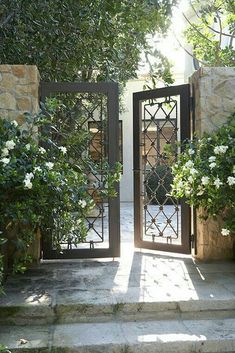 an open door leading to a garden with white flowers and greenery on either side