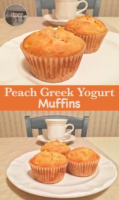 peach greek yogurt muffins on a white plate