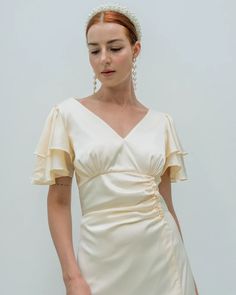 Caitlyn Ivory Floor Length Satin Gown / Flutter Sleeves Tea - Etsy Vietnam Elle Woods, Butterfly Sleeve, Sleeves Dress, Satin Gown, Under Dress, Butterfly Sleeves, Flutter Sleeve Dress, Satin Dress, Flutter Sleeves