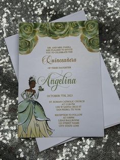 an image of a princess and the frog themed wedding card with roses on it's side