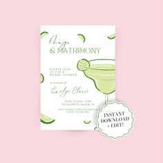 the margarita wedding card is shown on a pink background