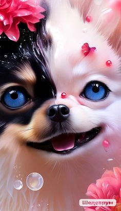 a dog with blue eyes and pink flowers on its head