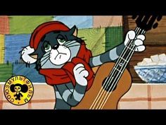 a cartoon cat is playing the ukulele with his hat on and scarf around it's neck