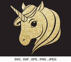 a gold unicorn face with a horn on it's head and the words svg dxf eps png