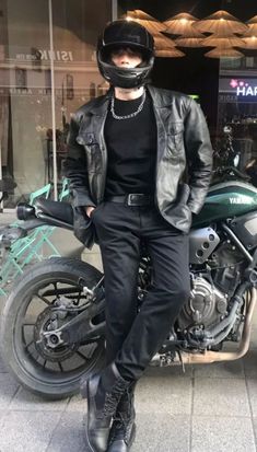 Motorcycle Aesthetic Outfits Men, Bad Guy Outfits, Male Biker Outfit, Mechanic Guy Aesthetic, Biker Boy Outfit, 90s Leather Jacket Outfit Men, Tough Guy Outfit, Motorcycle Men Outfit, Dark Boys Aesthetic