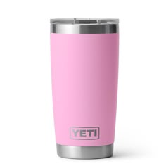 the yeti tumbler is shown in pink