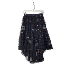 Beulah Style Black Ruffled Tulle High Low Embroidered Skirt New With Tag. Style #Dc5103 Fully Lined, Tulle Skirt With Floral Embroidery Accented With Metallic Sequins. Size Medium. Lying Flat It Measures 13 1/2" Across The Elastic Waist,(17" Stretched), 24" Long In The Front, 33" Long In The Back. It Is A Very Hard To Find, Discontinued Style. Perfect For A Holiday Party! Long Hippie Skirts, Black High Low Skirt, Boho Style Skirts, Sparkly Skirt, Hi Low Skirts, Godet Skirt, Tulle Skirt Black, Hippie Skirts, Skirt And Top Set