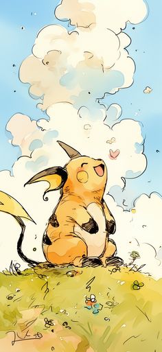 a drawing of a pokemon sitting on top of a grass covered hill with clouds in the background