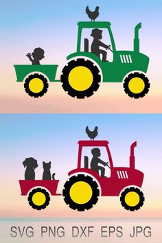 the silhouettes of farm vehicles are shown in three different colors