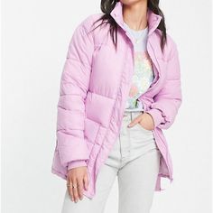 Gorgeous Pink Color Gives This Puffer A Super Girly Vibe Purple Hooded Outerwear For Spring, Purple Long Sleeve Outerwear For Cold Weather, Purple Outerwear For Cold Weather In Spring, Long Sleeve Purple Outerwear For Cold Weather, Casual Purple Puffer Jacket, Casual Purple Outerwear For Cold Weather, Pink Long Sleeve Puffer Outerwear, Purple Puffer Jacket For Winter, Casual Purple Puffer Jacket For Fall