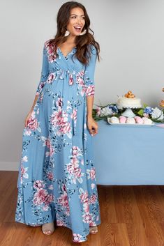 PinkBlush Blue Floral Sash Tie Maternity/Nursing Wrap Maxi Dress Maternity Dresses Sew Trendy Accessories, Maternity Sewing Patterns Free Hospital Gowns, Naming Ceremony Dress For Women, Fall Purple Baby Shower Dress, Coming Home Dress For Mom, Pregnancy Frocks, Summer Pregnancy Outfits, Cute Maternity Dresses, Floral Sash