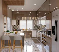 a modern kitchen with marble counter tops and bar stools