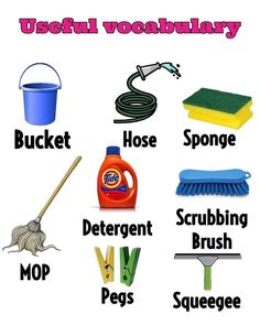 several different types of household cleaning products with words describing which items are used to clean the house