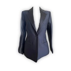 Revamp your wardrobe with this timeless black CELINE BY PHOEBE PHILO TUXEDO blazer, featuring striking satin lapels and pockets. Make a bold fashion statement in this designer item, crafted from luxury materials. Dare to be different in this exquisite FR 36 blazer. Wow your friends and colleagues with this sleek and stylish look - perfect for any occasion! If you have an inquiry or specific questions for this archive piece: Please send us a chat on our website or send an email to info@theremoda. Black Silk Blazer With Suit Collar, Silk Blazer With Pressed Crease For Evening, Silk Evening Blazer With Pressed Crease, Chic Fitted Silk Blazer, Party Blazer With Structured Boning In Black, Evening Silk Blazer With Pressed Crease, Black Silk Tuxedo Suits, Silk Long Sleeve Evening Suit, Chic Black Blazer With Pressed Crease