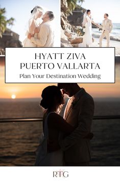 a couple standing next to each other in front of the ocean with their wedding photos