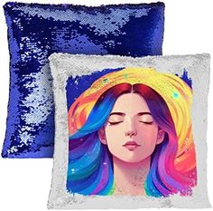 two sequinized pillows with a woman's face on the front and side