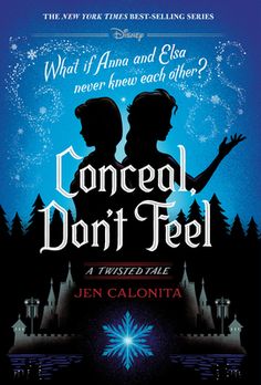 a book cover with two silhouettes in front of a castle and snowflakes