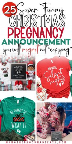 christmas pajamas and t - shirts with the words 25 super funny christmas pregnancy announcement on them