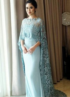 Bride Dress Elegant, Baju Kahwin, Long Cape, Kebaya Dress, Gaun Fashion, Satin Evening Dresses, Blue Evening Dresses, فستان سهرة, Lace Evening Dresses