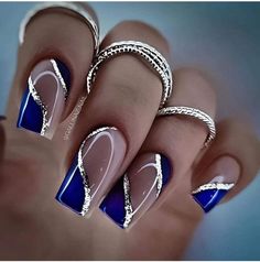 Blue And Silver Nails, Manicure Nail Designs, Fancy Nails Designs, Blue Acrylic Nails, Stylish Nails Designs, Nails Design With Rhinestones, Her Nails, Pretty Nail Art Designs, Short Acrylic Nails Designs