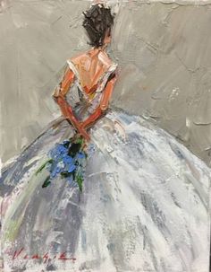 a painting of a woman in a white dress with blue flowers on her skirt and back