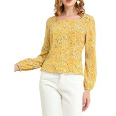 Decorated with a floral print for a standout look, this top is sure to serve as the focal point to many ensembles. Exhibiting a classic design, it also features a square neck and straight cut for a stylishly easygoing edge. Lovely flowers stand out on this lightweight shirt with a concealed side zipper. Perfect to pair with your skinny jeans for a chic look. Occasion: dating, weekend gathering, casual wear, going out, etc. Please check your measurements to make sure the item fits before ordering Printed Chiffon Tops, Flowers Stand, Chiffon Top Designs, Women's Button Down Shirt, Chiffon Long Sleeve, Chiffon Blouse, Straight Cut, Chiffon Tops, Square Neck