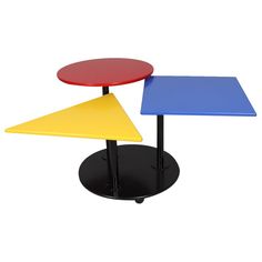 three tables with different colored tops on black bases