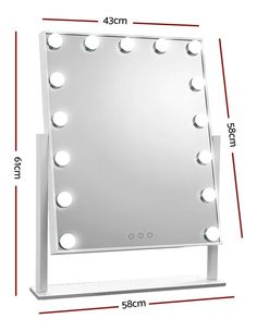 an image of a mirror with lights on the side and measurements for how to use it