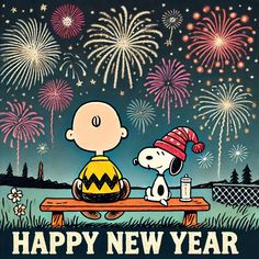 a happy new year card with a cartoon dog on a bench and fireworks in the background