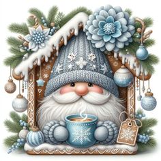 a christmas card with a santa clause holding a cup of coffee and a snow covered house