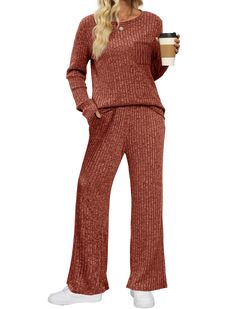 PRICES MAY VARY. Fashion Design 2024: Cozy Sweater Sets/ Lounge Sets for Women/ Long Sleeve Pullover Tops+ Wide Leg Pants/ Solid Color/ Sweat Suits for women set/ Loungewear / Drawstring Waist/ High Waist/ Loose Fit/ Jogger Set/ Christmas Outfits/ Casual ✦Effortless Style: Embrace the art of effortless style with this ensemble. The relaxed fit and soft ribbed fabric create a laid-back yet polished look, perfect for those who want to exude confidence while feeling comfortable throughout the day. Round Neck Long Sleeve Top, Cozy Pajamas, Top And Pants Set, Elegant Sets, Denim Gift, Basic Style, Two Piece Outfit, Long Sleeve Top, Outfit Sets