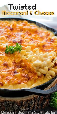 a cheesy macaroni and cheese casserole in a cast iron skillet