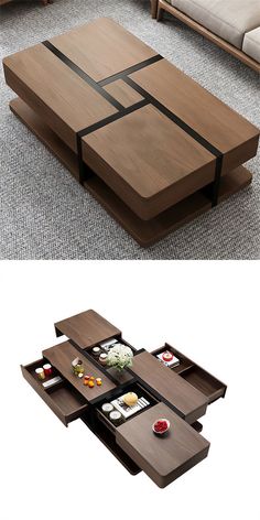 the coffee table is made out of wood and has compartments for food on each side