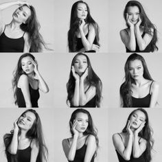 black and white photo of woman posing in various poses with her hands on her face