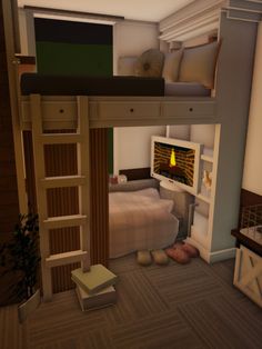 a loft bed with a fire place in the middle