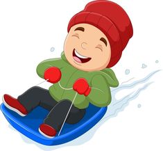 a little boy is sledding down the hill on a snowboard and smiling