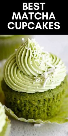 a cupcake with green frosting on top and the words best matcha cupcakes above it