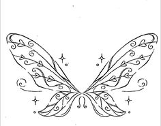 the outline of a butterfly with stars and swirls on it's wings, in black and white