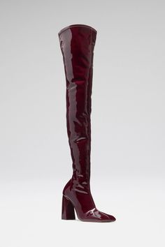 MARINE STRETCH THIGH HIGH BOOT - Amina Muaddi - Official Site Luxury Gore-tex Waterproof High-top Boots, Luxury Thigh-high Heeled Boots, Burgundy Tigh High Boots, Fitted Thigh-high Synthetic Boots, Muaddi Shoes, Red Fitted Thigh-high Heeled Boots, Stretch Thigh High Boots, Amina Muaddi Shoes, Crystal Sandals