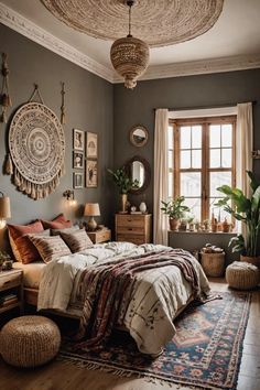 Carpet Ideas For Bedroom, Unique Bedroom Design Interiors, Master Bedrooms Decor Cozy Relaxing, Japandi Boho, Unique Bedroom Ideas, Bohemian Bedroom Inspiration, Bedroom Carpets, Gray Bedroom Walls, Boho Bedroom Design