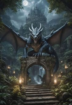 a dragon sitting on top of a stone gate