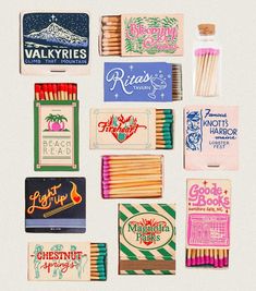 matches and matchesticks are arranged in a collage on a white background,