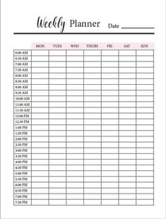 a printable weekly planner with times and hours for each month, including the date