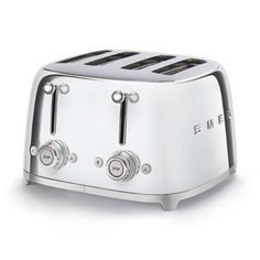 an image of a toaster that is on the white surface with silver knobs