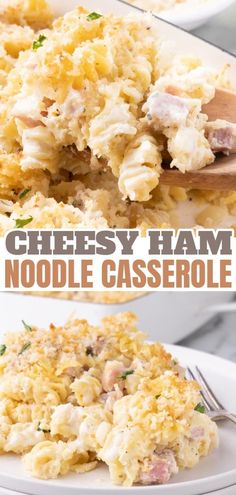 cheesy ham noodle casserole on a white plate