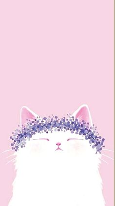 a white cat with purple flowers on its head and eyes, in front of a pink background