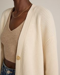 Our cashmere boyfriend cardigan perfectly blends comfort and style. Crafted from irresistibly soft Grade-A Mongolian cashmere, it's now smoother, more durable, and more substantial than ever. We've refined the fit to be true to size, thanks to your feedback. With allover fisherman rib detailing, it brings a subtle coastal charm. Explore what makes it special and how to care for it in our Cashmere 101 guide. Also offered in sizes 1X-3X.  | Quince | Women's Mongolian Cashmere OverSized Boyfriend C Comfy Cardigan, Boyfriend Sweater, Boyfriend Cardigan, Coastal Vibes, Coastal Charm, Comfy Cozy, Quince, Made It, Cardigan Sweater