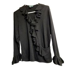 Lauren Ralph Lauren Sweater Wrap Pullover Women's Xl Black Silk Cashmere Blend Features: * Very Soft Silk/Cashmere Blend Black Lauren Ralph Lauren Sweater * Wrap Style But Stitched Down At Side, As Shown * Ruffles Around Neckline And Bell Cuffs * Marked Size Xl Women's Conditions: New Without Tags, Unworn. Measurements When Flat: Note~ Kindly Check Measurements Carefully To Ensure A Proper Fit. Returns Are Not Accepted. Pit To Pit: 21 Inches Length: 25 Inches Black Long Sleeve Sweater With Ruffles, Ralph Lauren Vest, Gold Cardigan, Sweater Wrap, Snowflake Sweater, Shawl Sweater, Yellow Sweatshirt, Fisherman Sweater, Ralph Lauren Sweaters