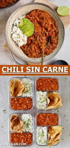 the recipe for chili sin carne with rice and avocado